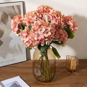 Artificial Silk Hydrangea Flower Bouquet with Clear Glass Vase for Home Decor Table