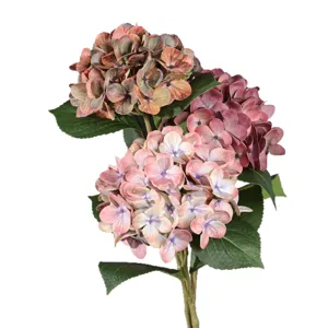 Artificial hydrangea flower bunch with large blooms and green leaves, main product view.