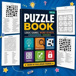 Vista dettagliata del libro di puzzle con giochi di logica, parole crociate e schemi sudoku.