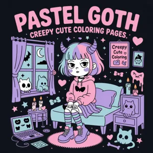 Pastel goth coloring book page featuring a cute gothic girl, perfect for relaxing creative art.