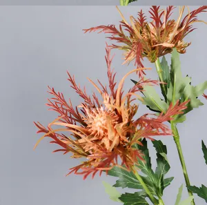 Gros plan de fleur artificielle eryngium, plante décorative style forêt mariage déco.