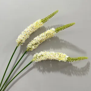 Primo piano dettagliato di fiori artificiali bianchi di coda di volpe con steli verdi.