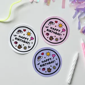 Cute Cartoon Happy Birthday Stickers Round Gift Packaging Sealing Labels Paper Bear Rainbow Birthday Party Decor