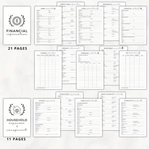 Printable financial planner pages and household expense tracker templates for budgeting.