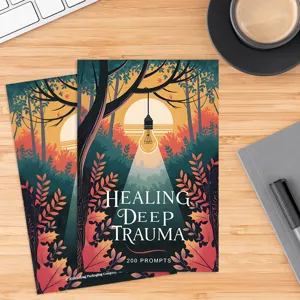 Detailed desk scene showing healing trauma prompt journals placed neatly on wooden workspace.