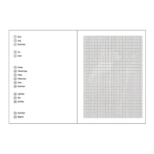 Interior detail page showing color number chart and pixel grid for adult coloring.