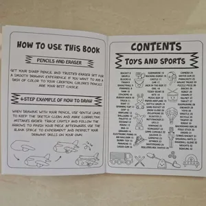 Pagina interna del libro da disegno che mostra semplici istruzioni e indice dei contenuti.