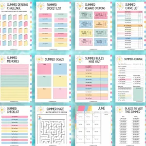 Conjunto de plantillas de planificador de verano para niños lista de tareas y objetivos.