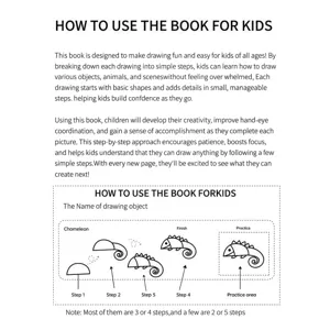 Kids drawing book instruction page, step by step chameleon guide, educational detail view.