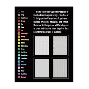 Adult color by number book set featuring 100 mosaic designs across four themed books.