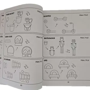 Pagine interne di libri da disegno passo dopo passo che mostrano oggetti carini e tutorial creativi.