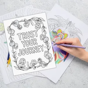 Adult coloring book detail featuring floral design and motivational quote for stress relief.