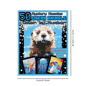 Pixel art coloring book for adults and teens, featuring 50 ocean animal designs on black paper.
