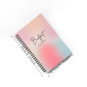 Spiral bound budget planner with pastel gradient cover and size specification details.