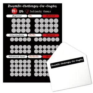 Detail view of the 104 romantic intimate games scratch off poster for couples with envelope.