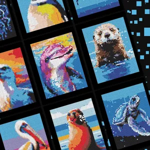 Ocean animal pixel art design detail showcase, vibrant multi-grid canvas set display.