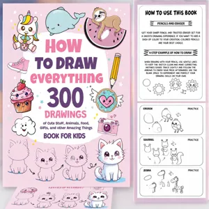 Livre de dessin pour enfants avec 300 illustrations mignonnes d'animaux et de nourriture.