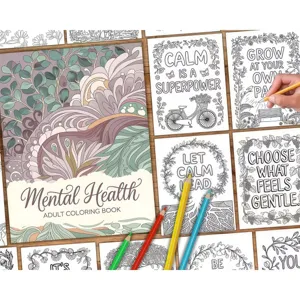 Detailed view of adult coloring book pages on wooden table with colored pencils for stress relief