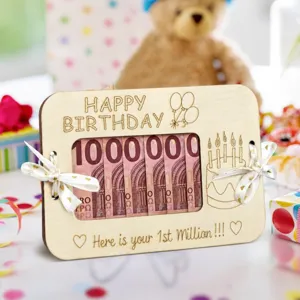 Wooden cash gift holder for birthday party, creative money holder with greeting text and bow.