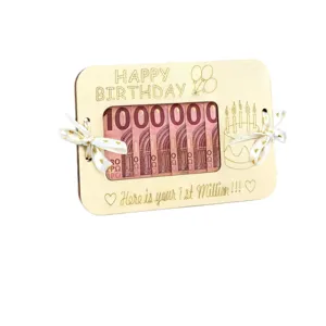 Wooden birthday money holder gift box with 1st million design and white bows for party celebration.