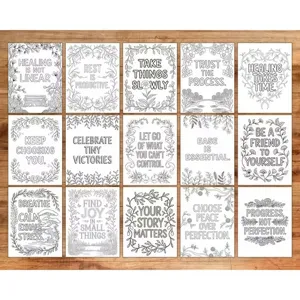 Adult coloring book pages mental health botanical stress relief art prints 15pcs