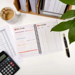 Spiral bound monthly finance planner and budget tracker notebook for daily financial management