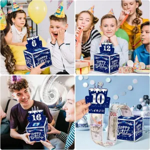 Boîte cadeau d'argent d'anniversaire avec insert de gâteau pour une fête surprise.