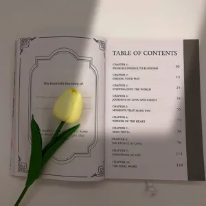 Detailed view of mom story journal table of contents, meaningful memory book gift