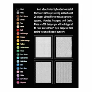 Adult color by number book set with 100 mosaic designs including geometric patterns.