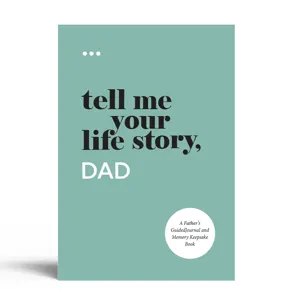 Father memory keepsake book detail showing teal cover and elegant typography design.