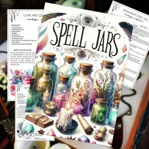Spell Jars kit with crystal stones, dried flowers and instruction cards for witchcraft.