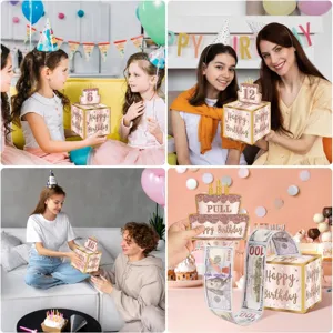 Coffret boîte à argent d'anniversaire avec carte gâteau et coffret cadeau pour la fête.