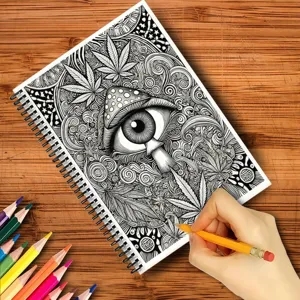 Close-up detail showing intricate psychedelic coloring book pages being colored with pencils.
