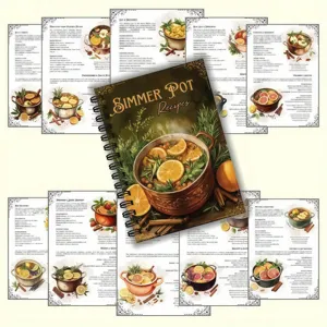 A5 spiral simmer pot recipe notebook with cozy botanical illustrations and cooking guides.