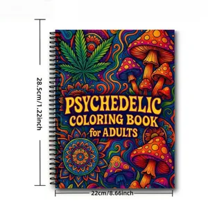 Adult psychedelic coloring book with spiral binding and creative stress relief art.