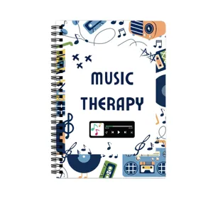 Detailed view of the music therapy spiral notebook cover with cute musical elements.