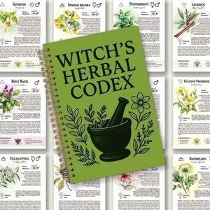 Quaderno codice erboristico verde con illustrazioni botaniche e guida magica.