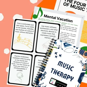 Detailed view of the music therapy spiral notebook with creative therapy card designs.