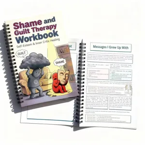 Vue detaillee du cahier d'exercices de therapie avec couverture et pages intérieures.