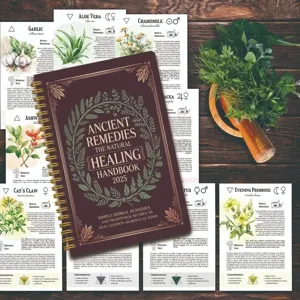 Quaderno del manuale di guarigione naturale con rimedi erboristici e disegni botanici.