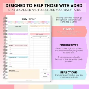 ADHD daily planner notebook with spiral binding and colorful cover for task management and focus.