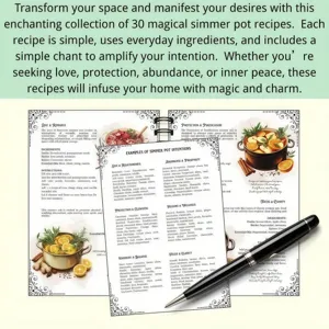 Close-up view of the A5 spiral recipe notebook detailing magical simmer pot recipes and guides.