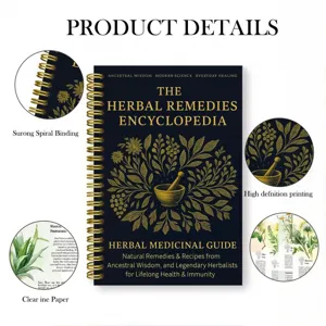 Enciclopedia dei rimedi erboristici taccuino a spirale con copertina botanica dorata e guide.