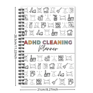 Dettaglio del planner di pulizia ADHD con rilegatura a spirale e icone di pulizia.