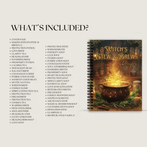 Detailed view of A5 spiral witch recipe planner showing cover and contents list inside.