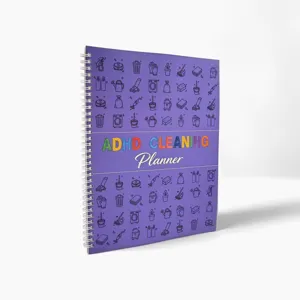 Agenda pulizie ADHD taccuino a spirale con elenco delle faccende domestiche e icone organizzative.