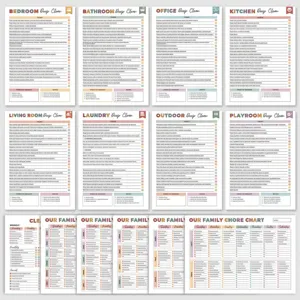 Pagine di pianificazione dettagliate con programmi di pulizia e liste di controllo.