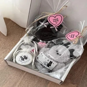 Schattige cadeauset met pluche knuffel en hartjeslabels voor Valentijnsverjaardag