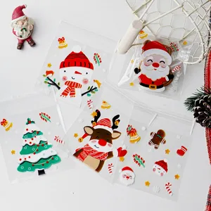 Christmas Cartoon Print Plastic Self Adhesive Bag Translucent Cookie Candy Package Gift Wrap Pouch For Holiday Baking Treats Party Supplies