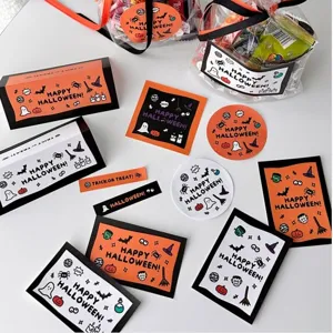 Halloween greeting cards and stickers set, assorted holiday message cards decoration.